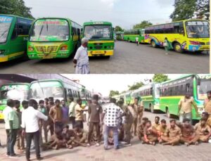 மதுரை மாட்டுத்தாவணியில் மினி பஸ் டிரைவர் கண்டக்டர்கள் மறியல் போராட்டம்